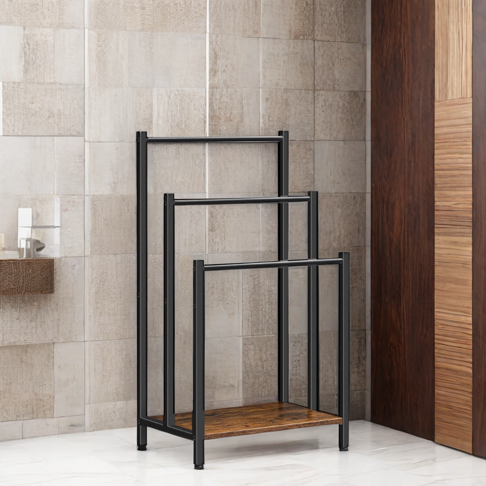 SOPEWOD Rustic Dark Brown Wood Bathroom Towel Display Rack Metal Detachable Storage Shelves with OEM ODM Design Options