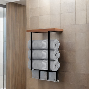 Modern Simple Bathroom Towel Storage Organizer Wall Mounted Wood Shelf with 3 Hooks Functional and Eco-Friendly