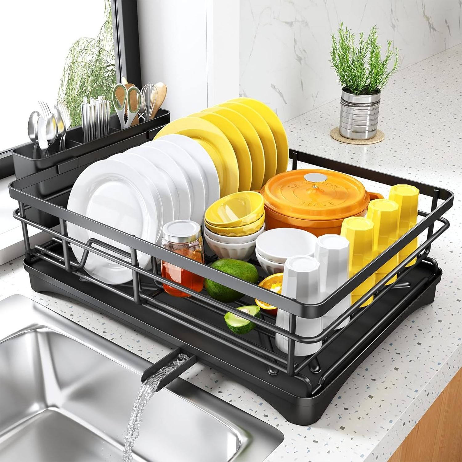 Sopewod Metal Dish Drainer Basket Single-Tier Portable Dinnerware Organizer for Kitchen Counter Standing Drying Storage Rack