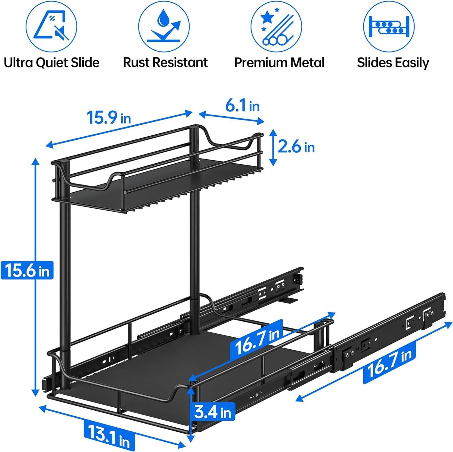 Double-Tiered Multifunctional Metal Storage Organizer for Home Kitchen Organization Larger under Sink Cabinet Pull out Shelves