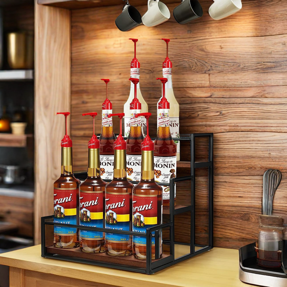 SOPEWOD 3-Tier Ironwood Coffee Syrup Holder 12-Bottle Storage Shelf Rack for Spice Storage for Coffee Bars