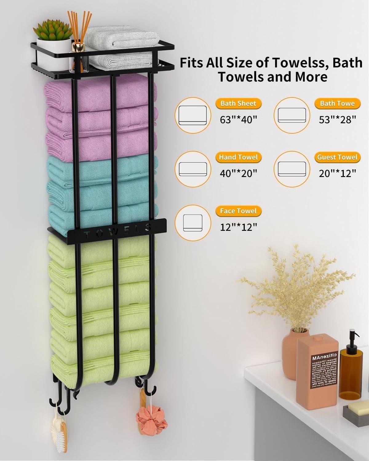 Wall Mounted Metal Shelf Hooks Small Bathroom Towel Holder Rolled Towels Organizer Rack Storage Racks for Bath Towel Storage