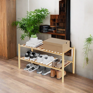 SOPEWOD Modern Double-Tier Bamboo Shoe Shelf Organizer Multifunctional Wooden Storage Cabinet for Living Room