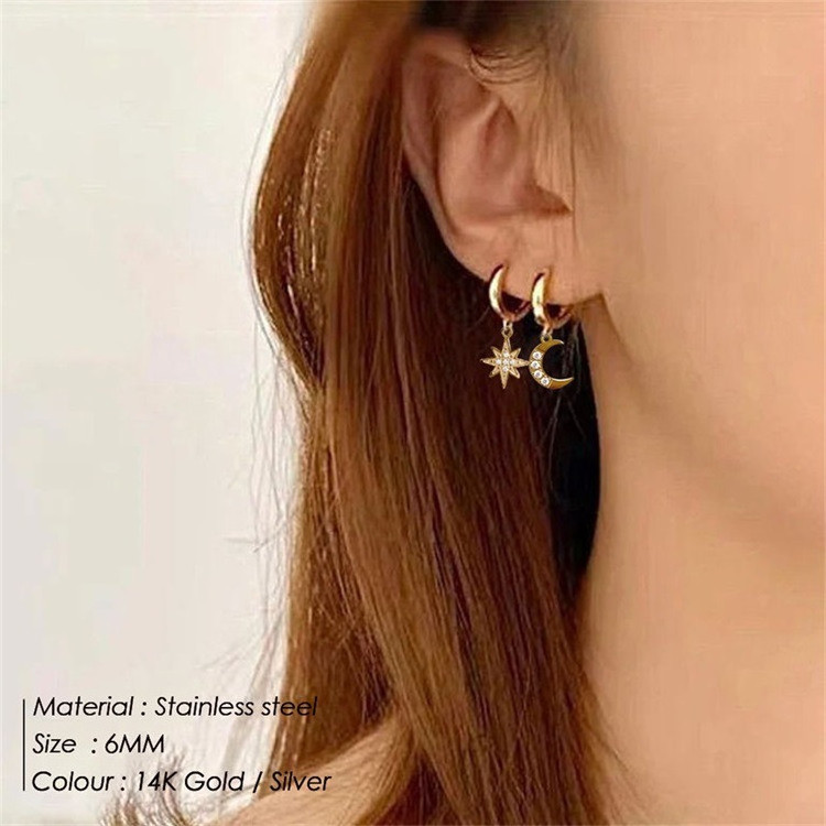 SP 18K Gold Moon Star Asymmetric New Arrival 316 Stainless Steel  Dangle Earrings