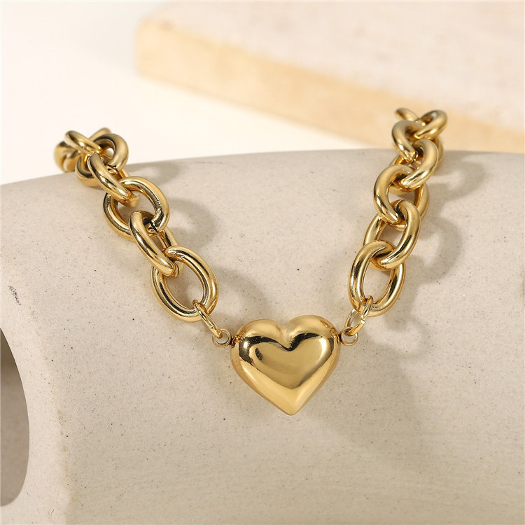 SP High Quality Chunky Cuban Link Chain Bracelet Jewelry 14K Gold Plated Stainless Steel Heart Charm Bracelet For Women