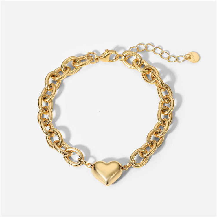 SP High Quality Chunky Cuban Link Chain Bracelet Jewelry 14K Gold Plated Stainless Steel Heart Charm Bracelet For Women