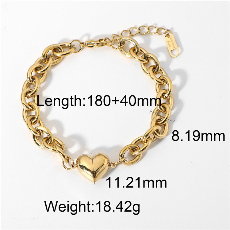 SP High Quality Chunky Cuban Link Chain Bracelet Jewelry 14K Gold Plated Stainless Steel Heart Charm Bracelet For Women