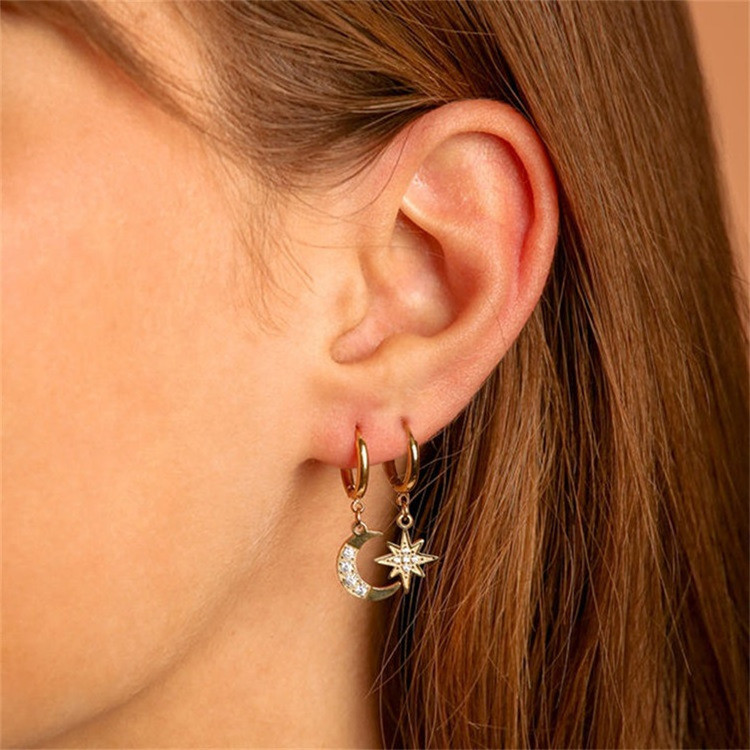 SP 18K Gold Moon Star Asymmetric New Arrival 316 Stainless Steel  Dangle Earrings