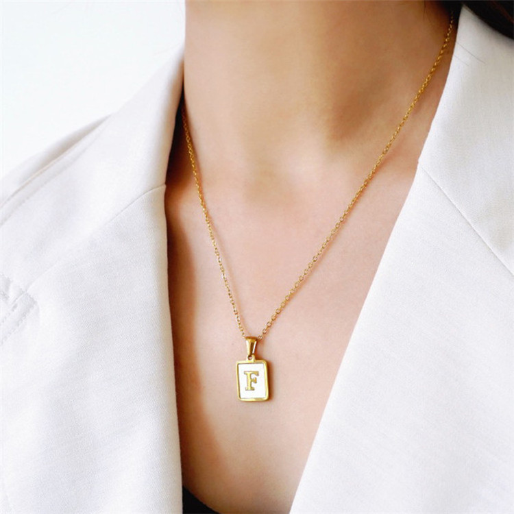 SP Square Tarot Card Pendant Necklace Jewelry Stainless Steel 18K Gold Plated A-Z Initial Letter Pendant Necklace