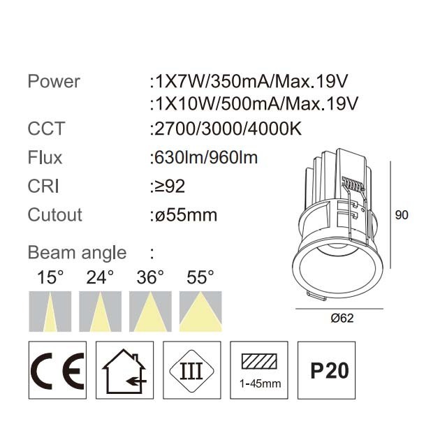 Indoor Lighting Design 7W 10W Narrow Small trim Recessed LED Downlight for Bar Hotel Home