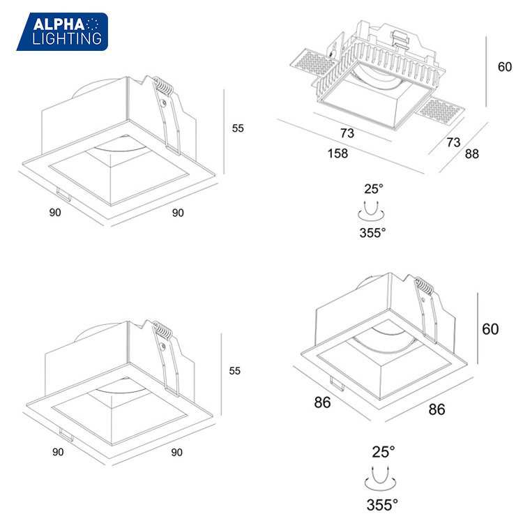 Trimless Square Fixed GU10 MR16 light housing fixture