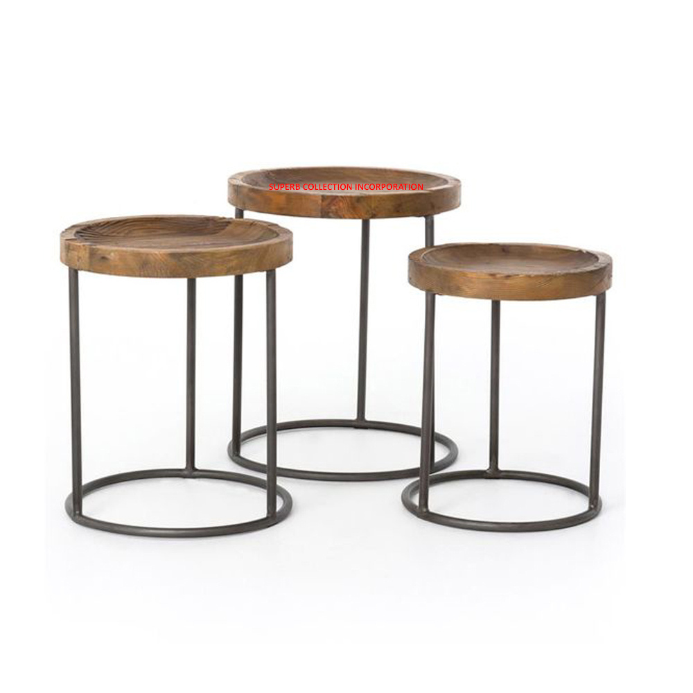 Brown Metal Frame Round Nesting Coffee Table With Wood Top Made In India and Manufacturers