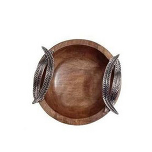 Burn Finish Wood Bowl With Antiqui Leaf Handle Handmade and Wholesale and OEM Factory Sale Wholesale and Manufacturers