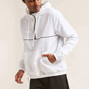 Wholesale Long Sleeves Half Zipper Contrast Piped Trim Front Kangaroo Pocket Plain Hoodies Man Custom Pullover Jacket