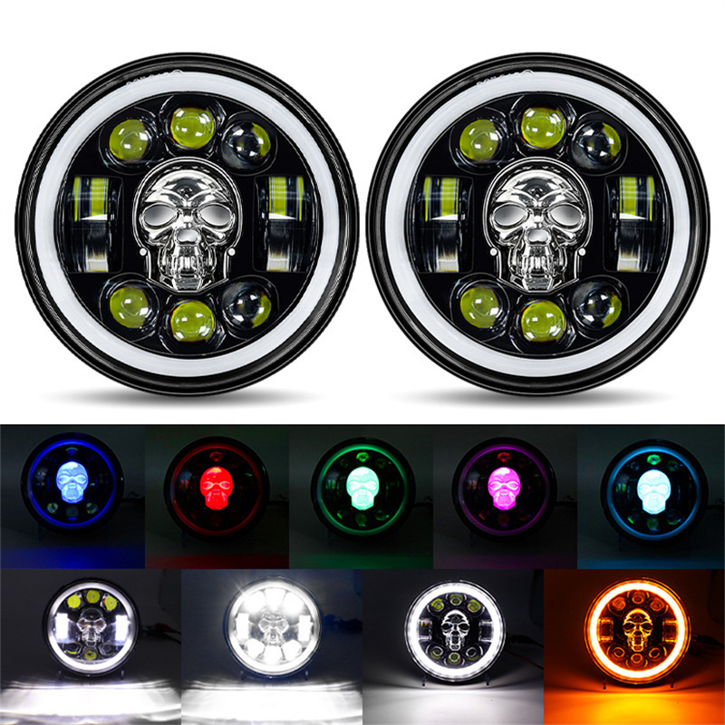 5.75 inch LED Motorcycle Headlights Round With Halo Turn Signal/DRL Headlamp for Harley Davidson Skull RGB Light