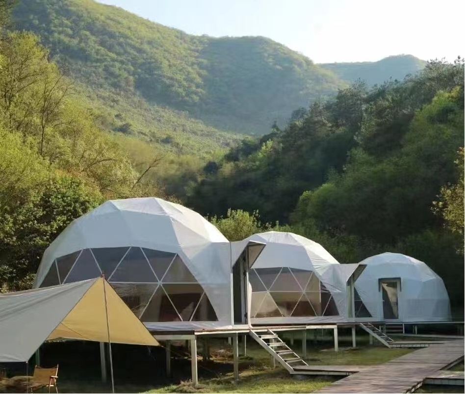 Custom outdoor geodesic dome tent camping tents camps hotel prefab pvc dome house glamping tents with bathroom