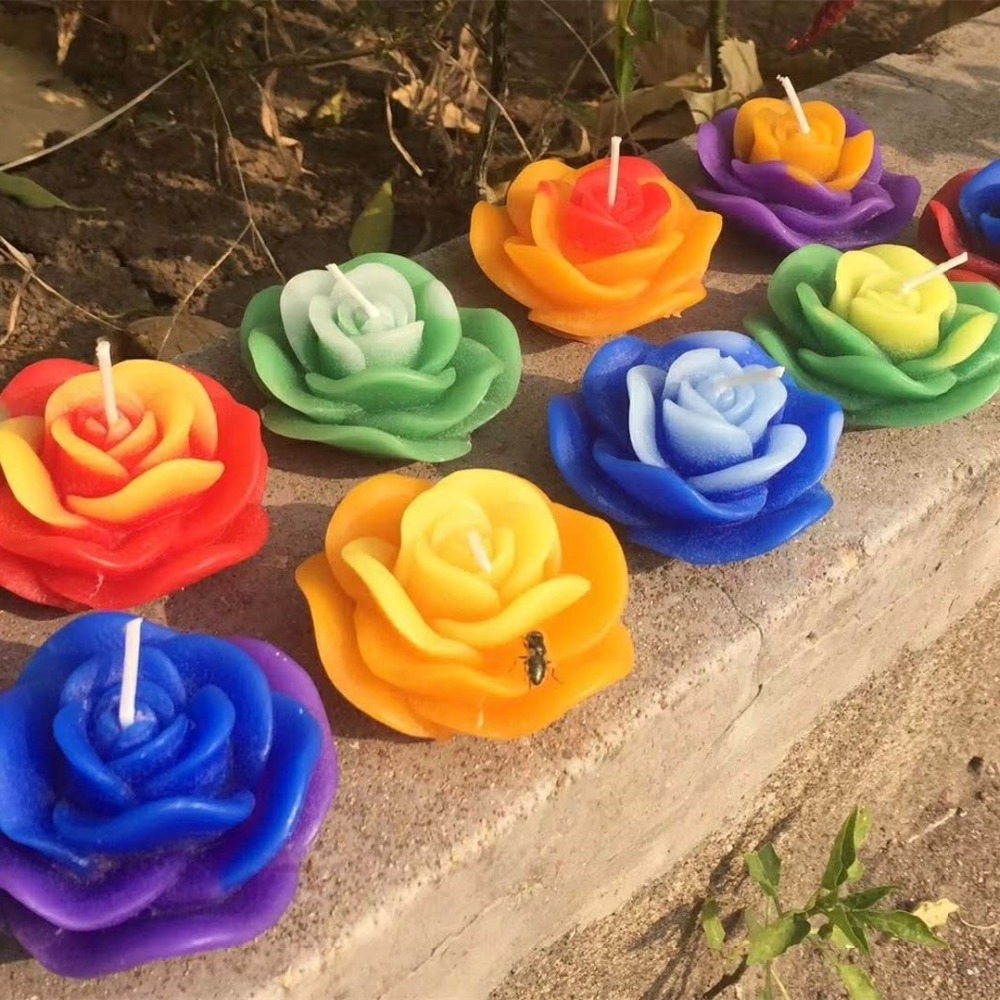 Rose Flower Shape Color Scented Tealight Candle Customized Logo Opp Bag Paraffin Wax Round Tea Light Relighting Candle Weddings