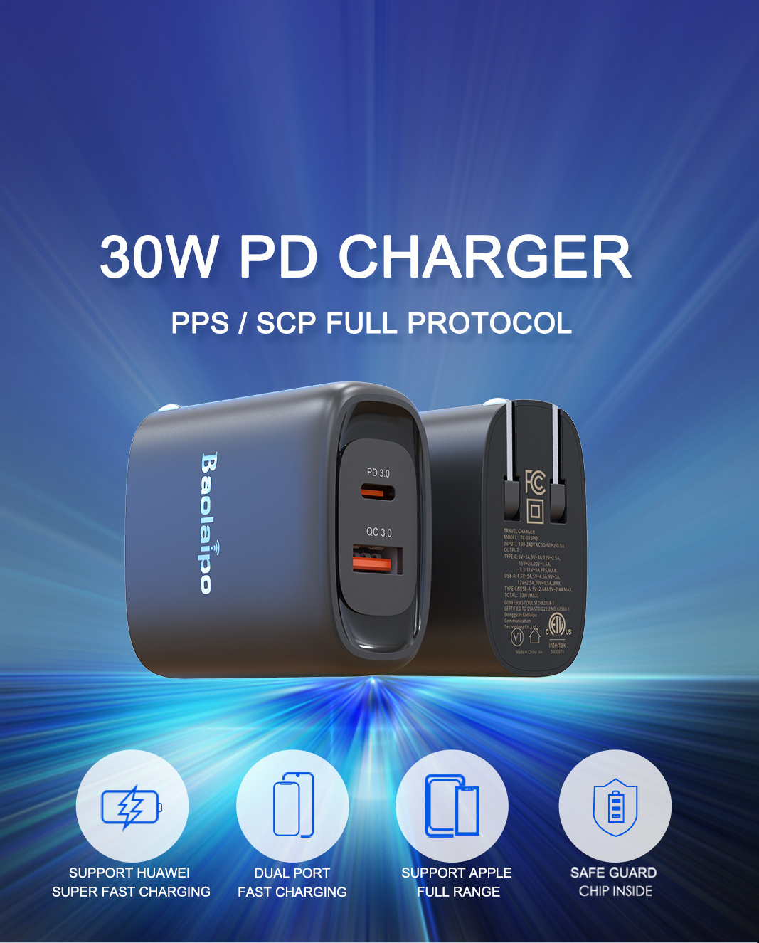 Dual ports PD QC   A+C fast quick wall charger 30W