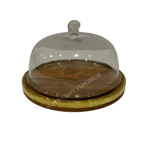 Hot Selling Glass Display Dome with Acacia Wood Base Natural Color Wood Dome Kitchen & Party Item from India