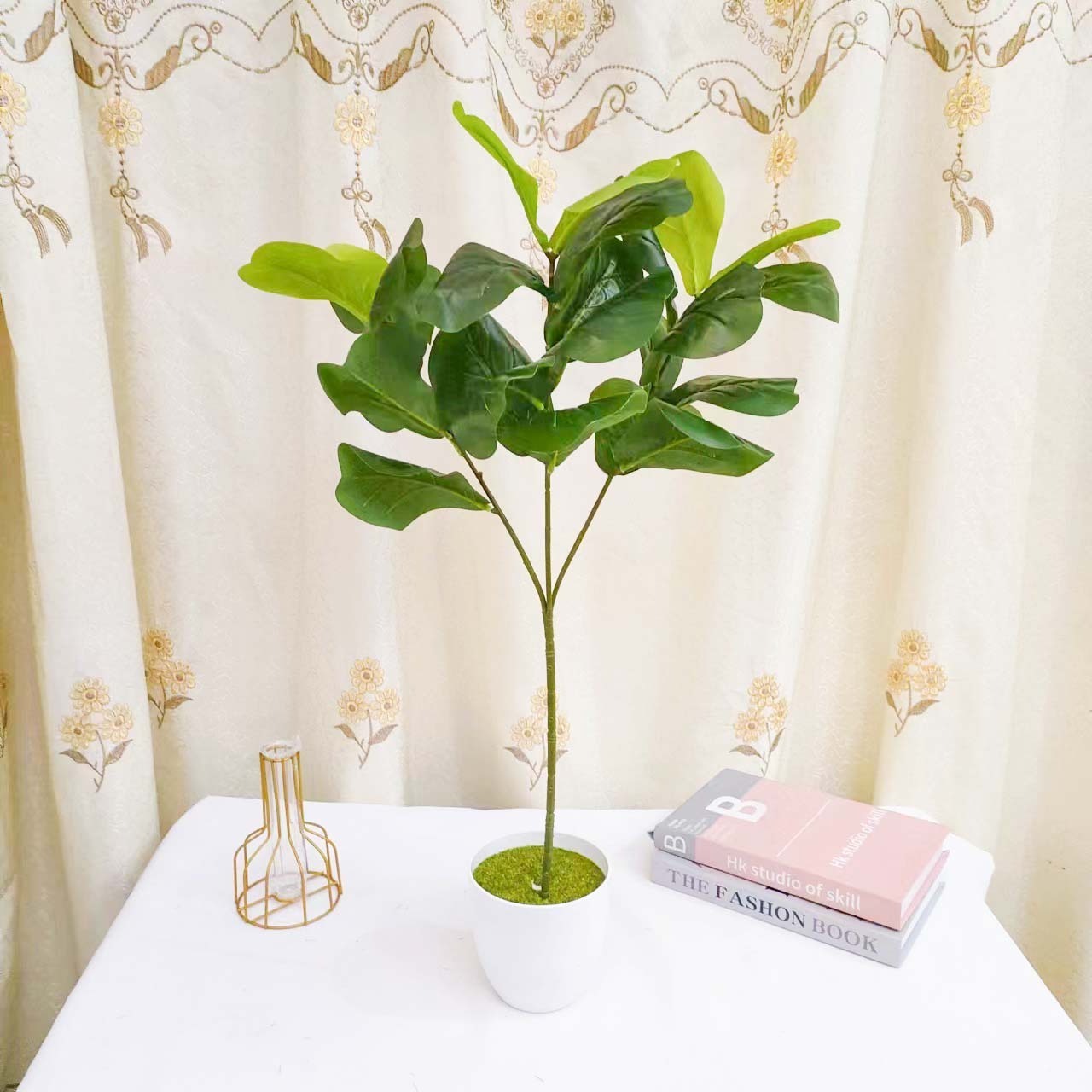 Artificial green ficus leaves potted plants banyan trees plants bonsai for office desk home decoration