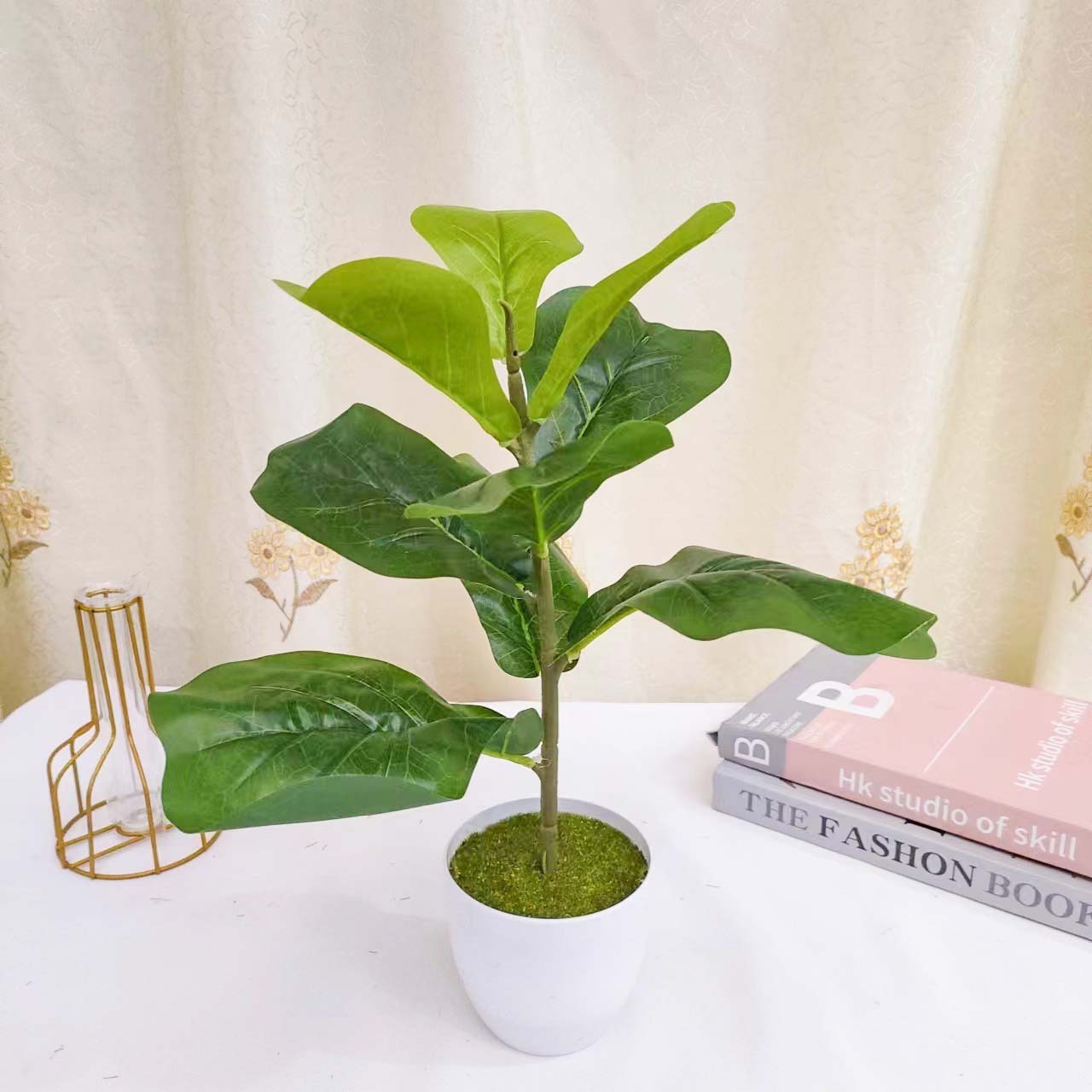 Artificial green ficus leaves potted plants banyan trees plants bonsai for office desk home decoration