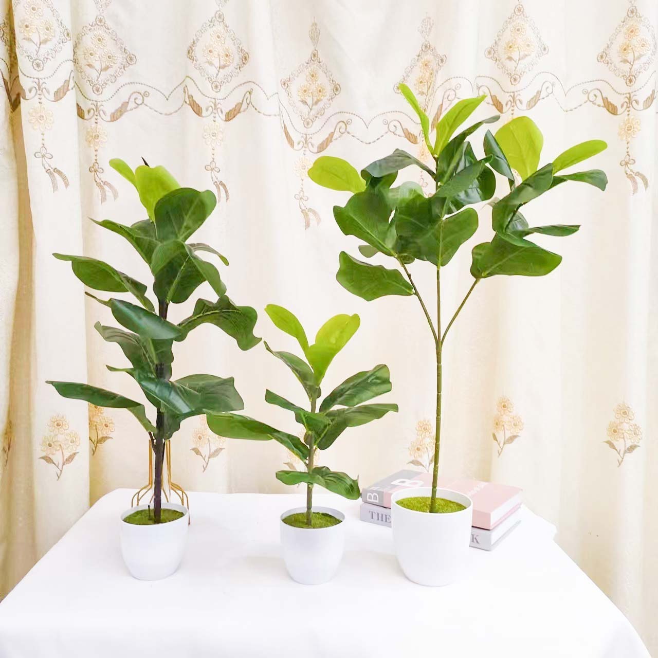 Artificial green ficus leaves potted plants banyan trees plants bonsai for office desk home decoration