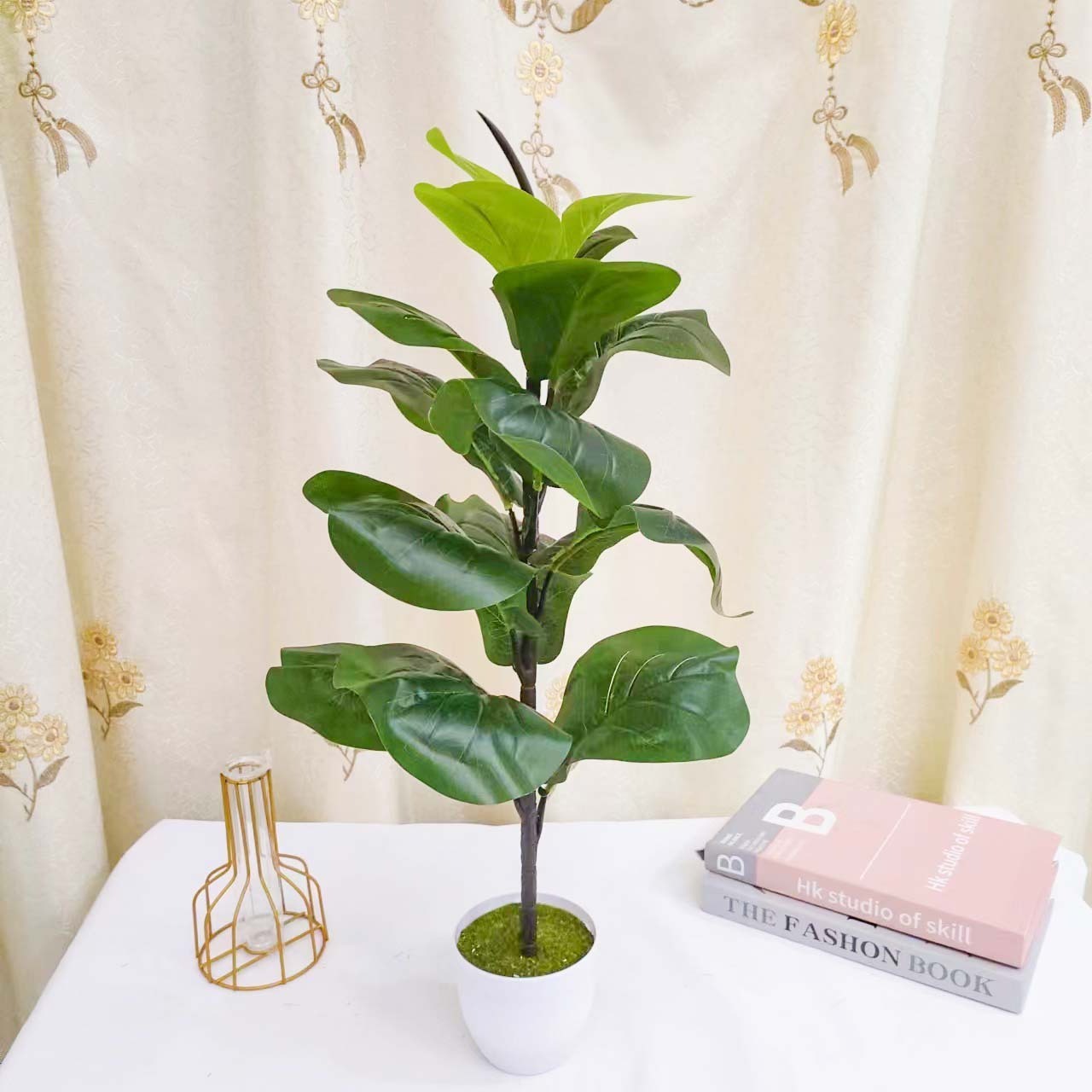 Artificial green ficus leaves potted plants banyan trees plants bonsai for office desk home decoration