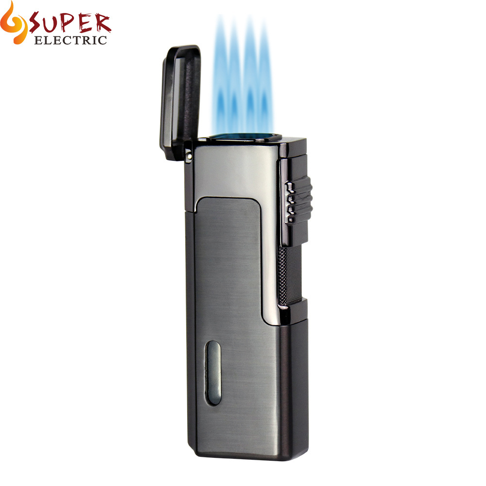 New Arrival Updated Custom Logo Zinc Alloy Inflatable Long 4 Nozzle Torch Gas Lighter Mini Torch Lighter Gas