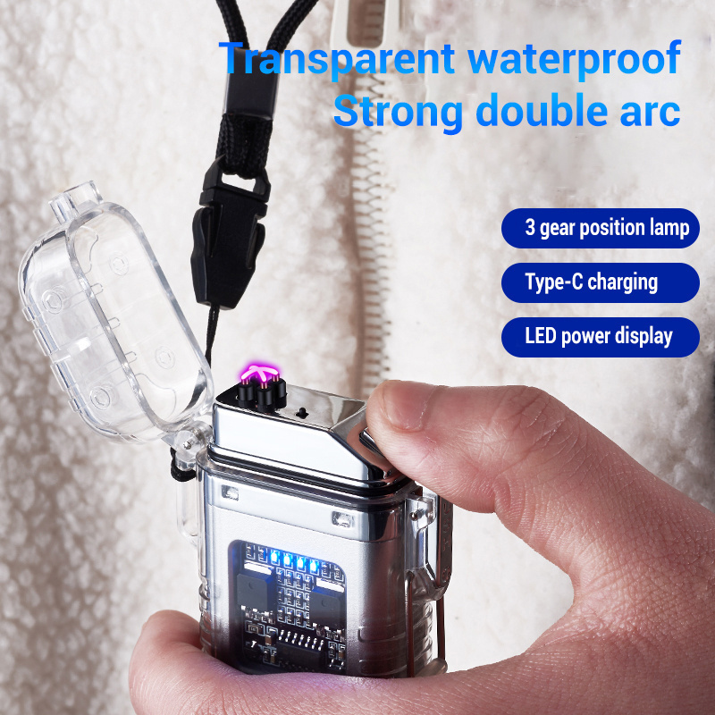 2023 Transparent Waterproof Double Arc Electronic Rechargeable Lighter Electric Arc Lighter with LED Power Display