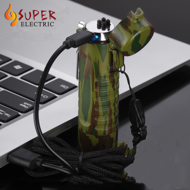 Best Emergency Waterproof Survival Electric Lighter With Torch USB Rechargeable Flashlight Double Arc Lighters for Camping