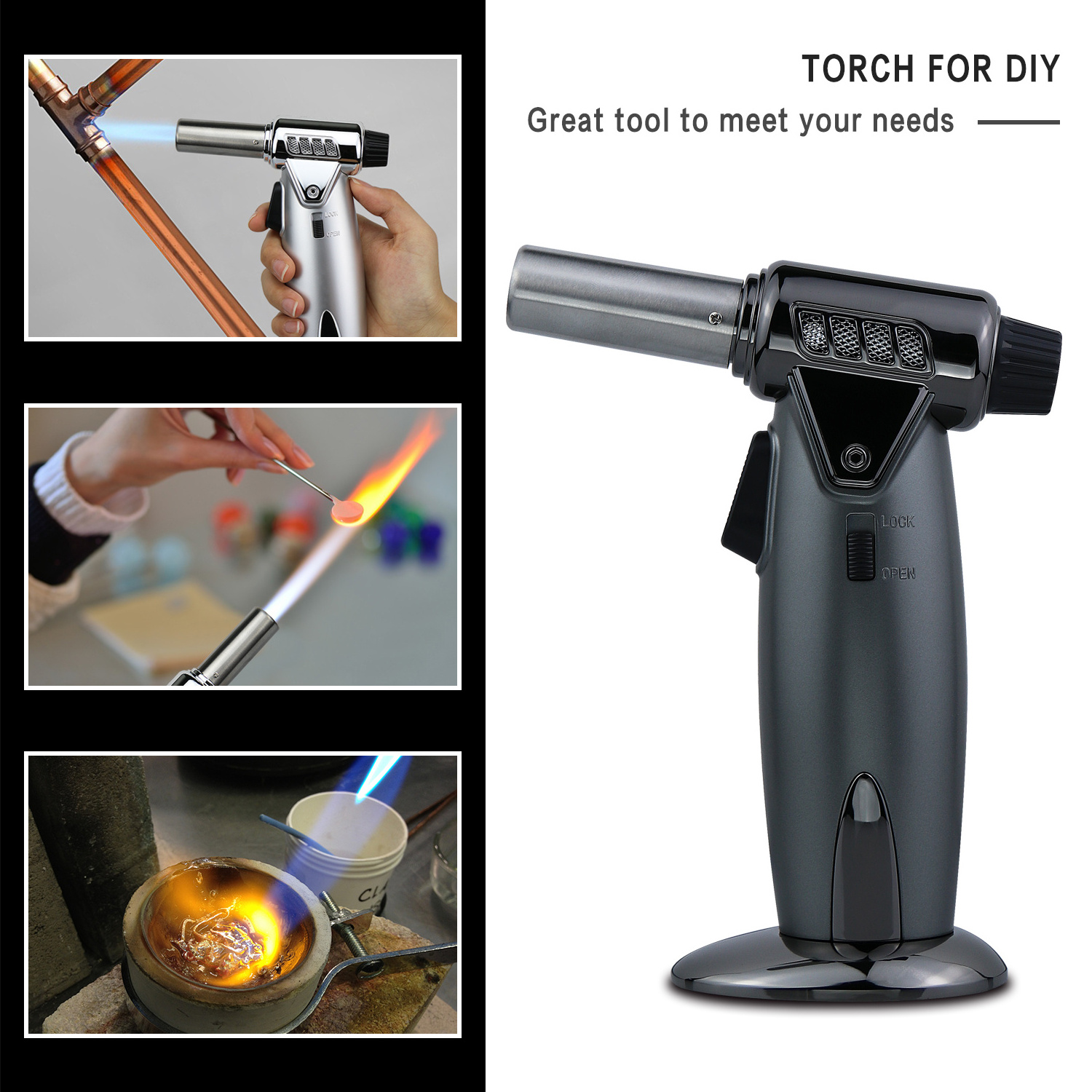 One-hand Operation Kitchen Butane Torch Lighter with Adjustable Flame for BBQ, Baking, Brulee Creme, Crafts and Soldering