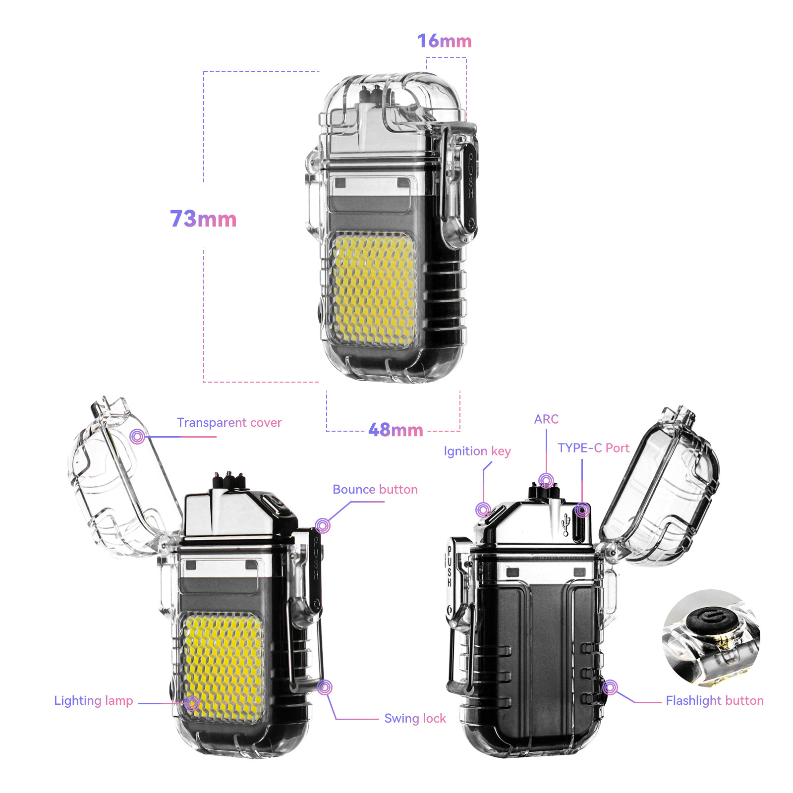 2023 Outdoor Flameless Dual Arc Electric Lighter USB Rechargeable Flashlight Lighter with IP56 Waterproof Lighter