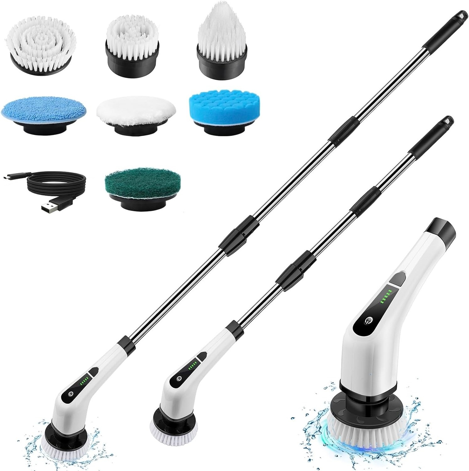 Electric Spin Scrubber, New Cordless Voice Prompt Shower Cleaning Brush with 8 Replaceable Brush Heads for Bathroom Floor Tile