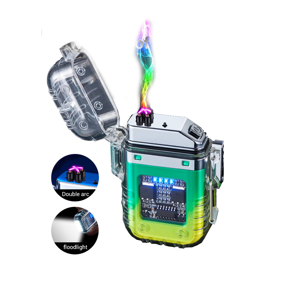 New Rechargeable Windproof Transparent Plasma Dual Arc Lighter with LED Display Outdoor Camping Lighter with Flashlight