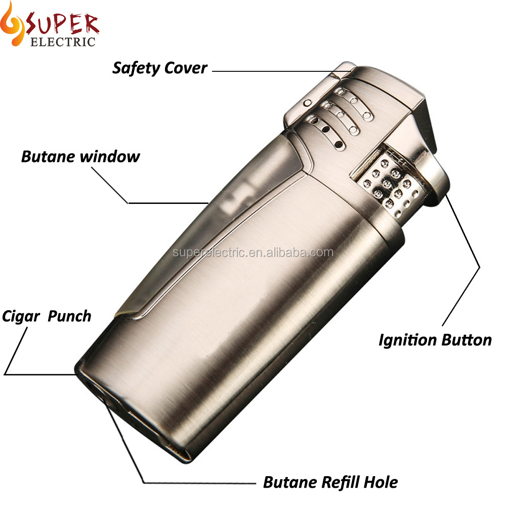 3 Flame Turbo Jet Torch Lighter Gas Butane Refillable for Cigar Cigarette with Punch,Windproof Adjustable Flame Sold without Gas