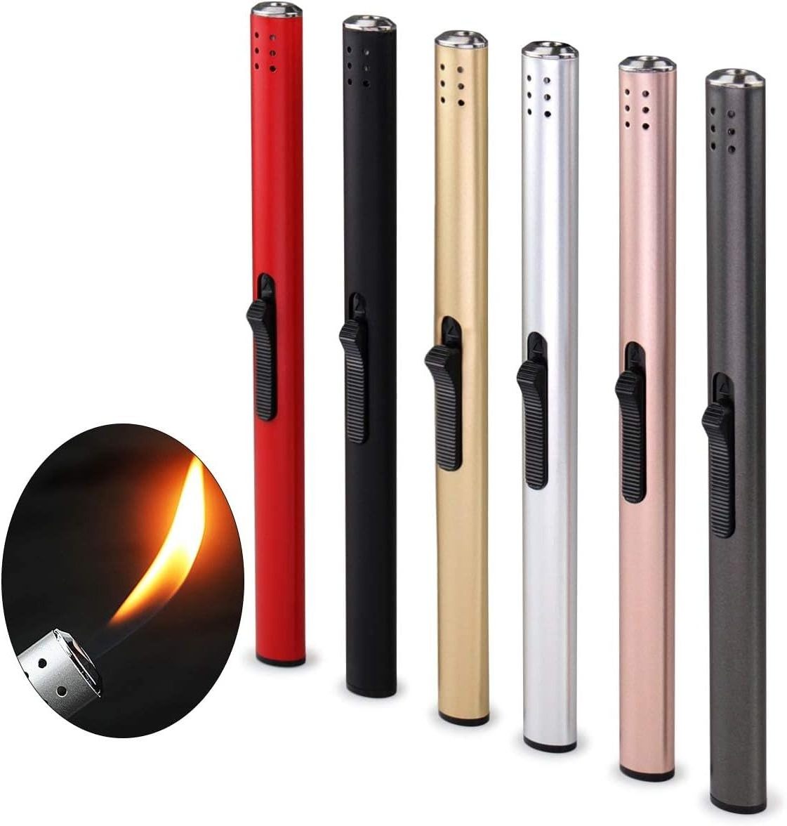 Sales Without Gas Multiple Colors Pack of 6 Gas Candle Lighter Slimline Elegant Long Reach Lighters Refillable Butane Lighter