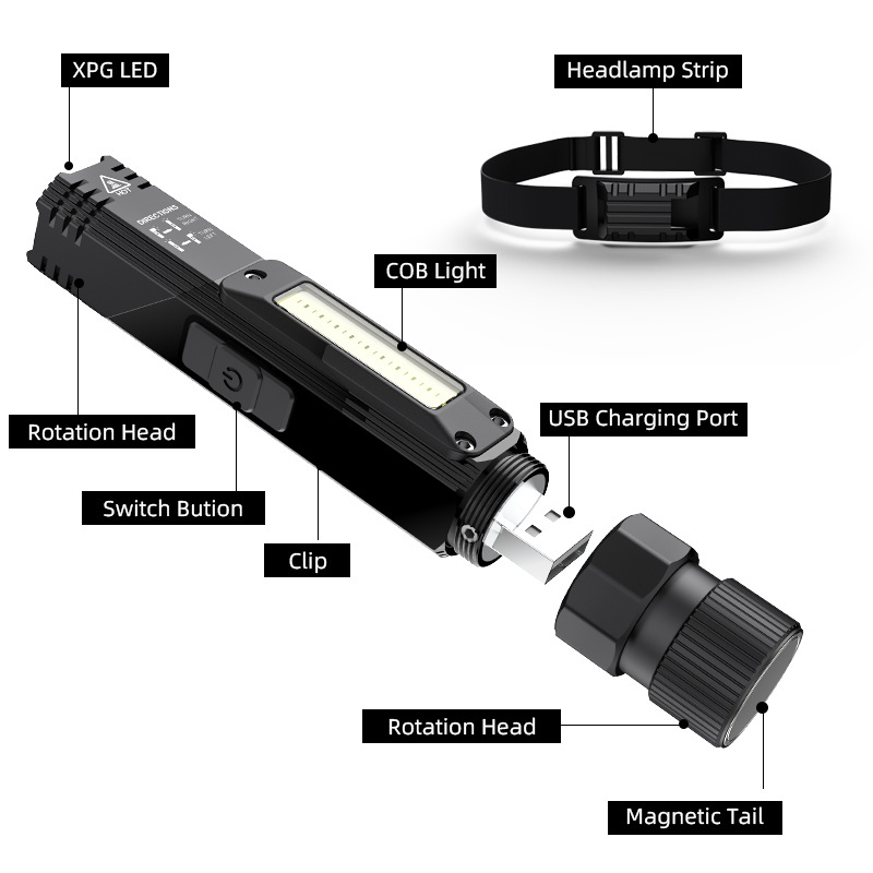 Multifunctional COB flashlight charge magnetic G19 flashlight with tail clipe