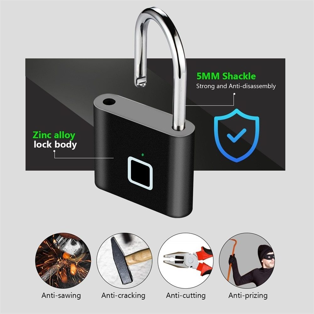 Rechargeable Metal Thumbprint intelligent identification biometric smart keyless securite fingerprint padlock for door luggage