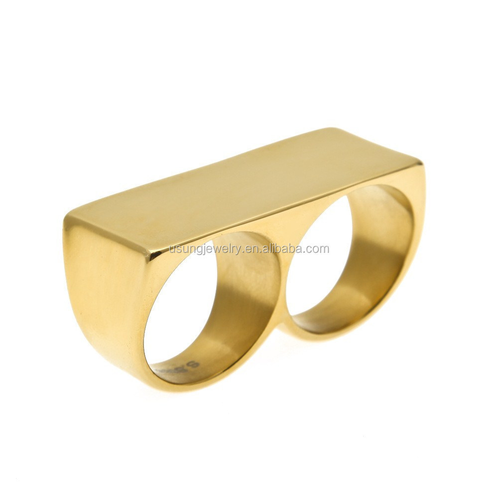 18k gold plated stainless steel custom made mens two finger ring