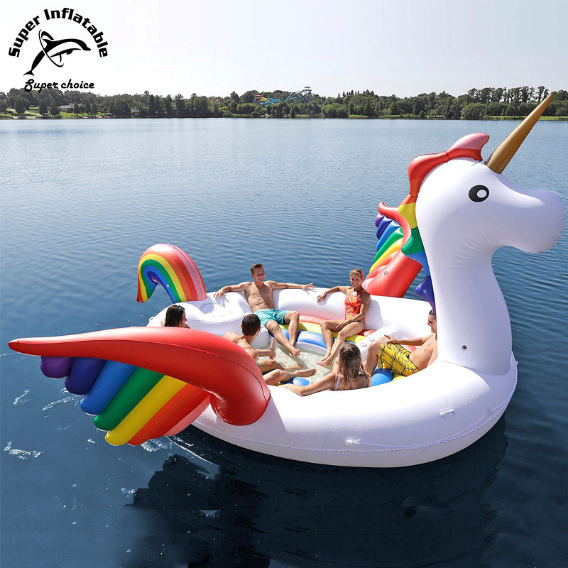 New xxl Super 6 Person Inflatable Rainbow Unicorn Party Pool Lake Floating Island Raft For Adults