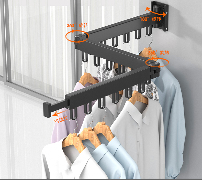 High Quality Aluminium Wall Mounted Telescopic Clothes Drying Rack Balcony Home Space Saving Folding Garment Drying Pole