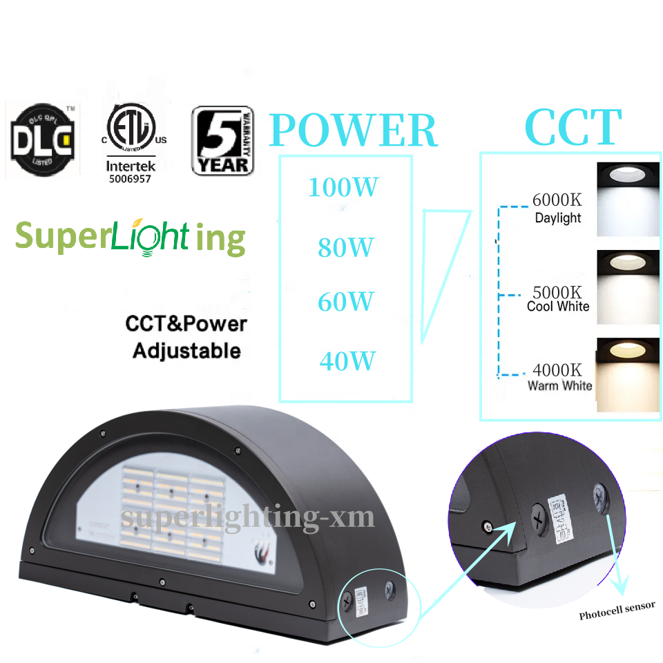 superlighting ETL Emergency back up  CCT & Power Dial motion sensor photocell up and down LED crescent Wall Pack Light