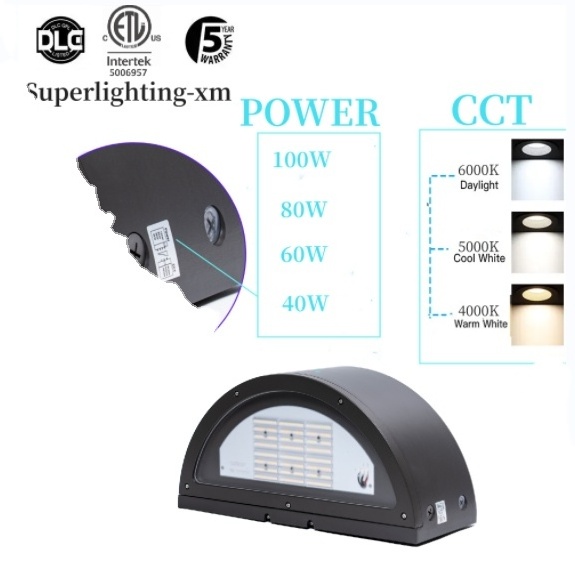 superlighting ETL Emergency back up  CCT & Power Dial motion sensor photocell up and down LED crescent Wall Pack Light