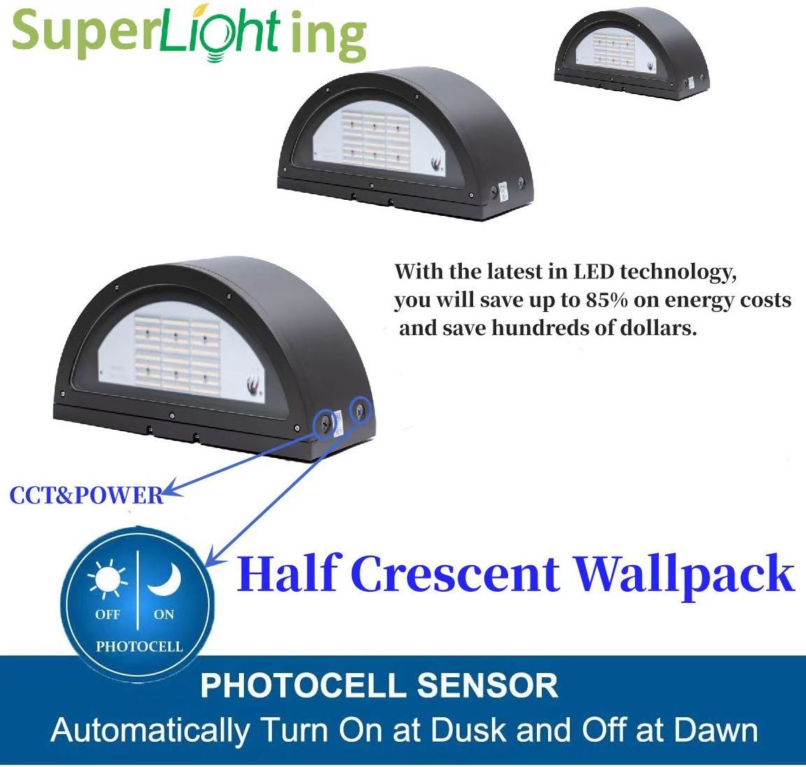 superlighting ETL Emergency back up  CCT & Power Dial motion sensor photocell up and down LED crescent Wall Pack Light