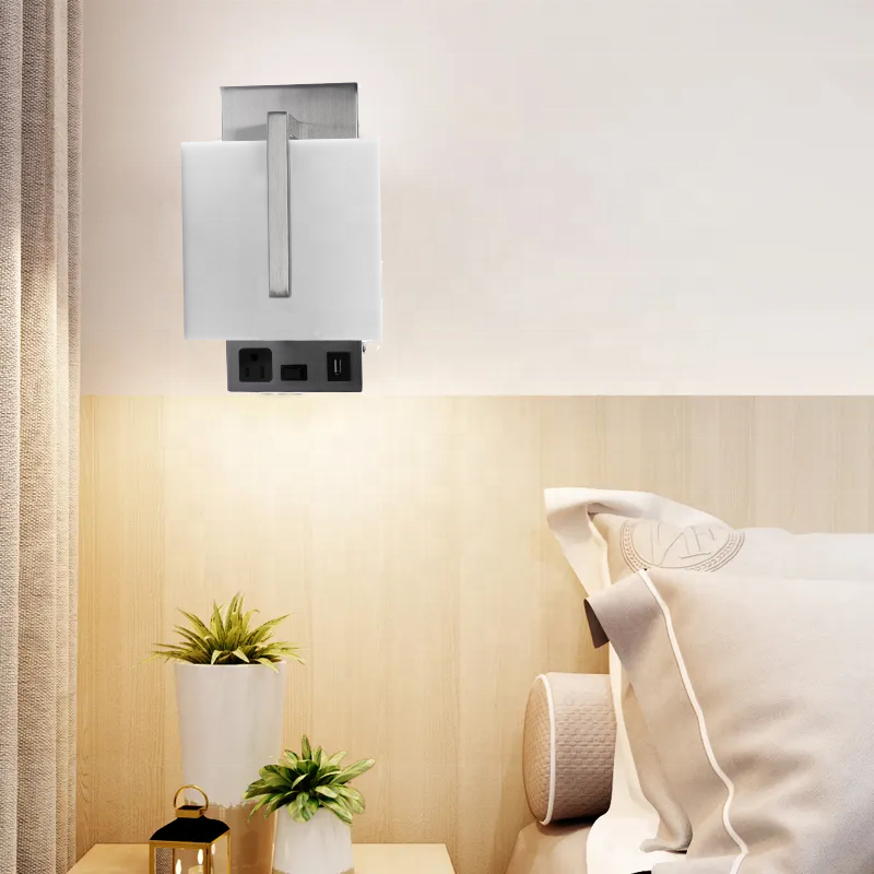 Bedside Wall Mount Light with USB and Plug LED Reading Swing Arm Headboard Wall Lamp With Switches USB Outlets