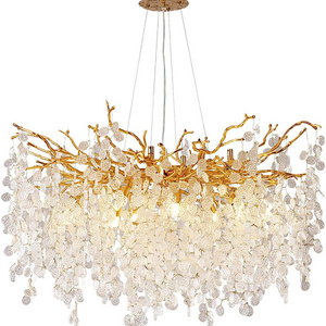 Modern Glass Chandeliers Gold  Tree Branch Chandelier Pendant Lighting Round Ceiling Light Fixtures for Dining Room