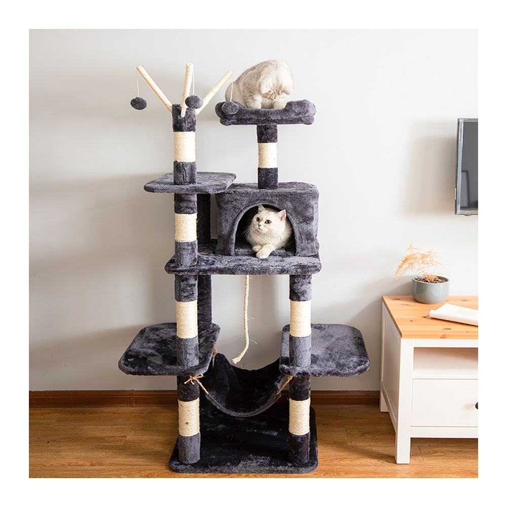 Latest Design Heavy Duty Stable Interactive Cat Tree Wholesale Wooden Tower Cat Tree With Hammock