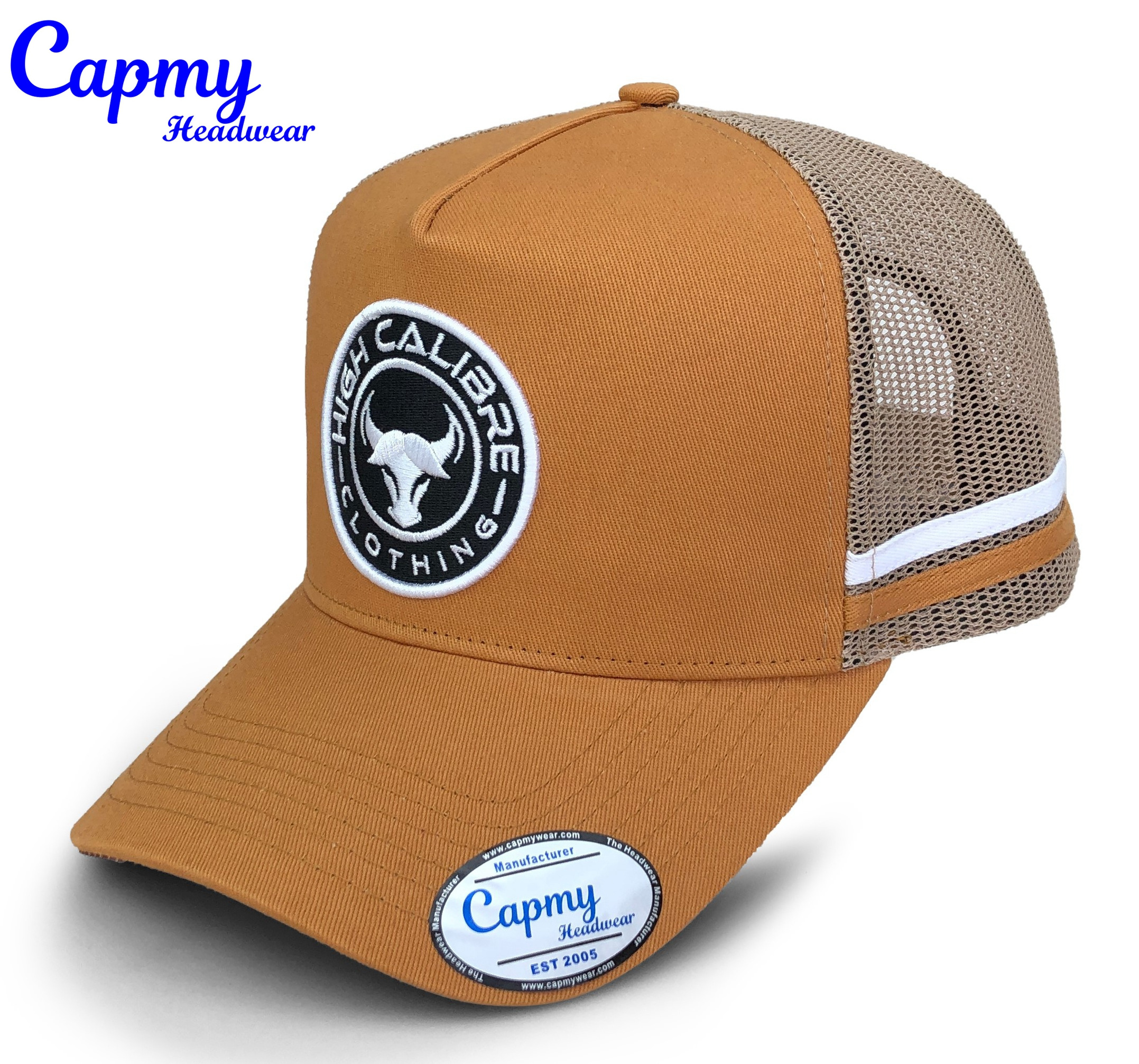 Custom Logo Australia Country Wild High Profile Trucker Hats Outdoor Trucker Cap Brown Side Strip 5 Panel  Country Trucker Caps