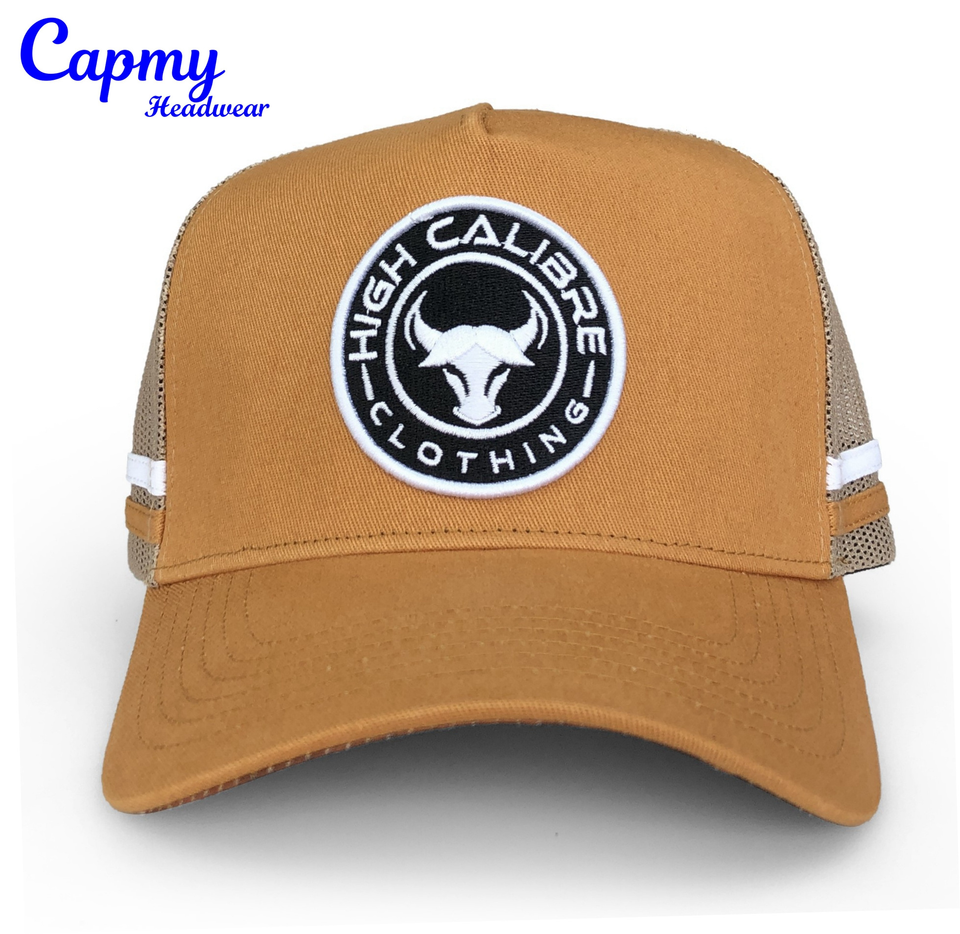 Custom Logo Australia Country Wild High Profile Trucker Hats Outdoor Trucker Cap Brown Side Strip 5 Panel  Country Trucker Caps