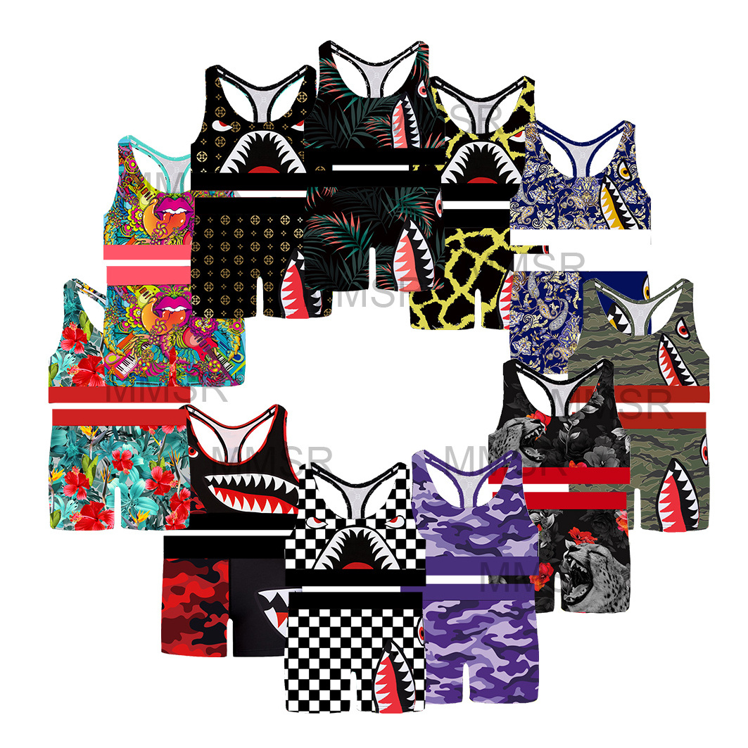 2 pieces set printing polyester spandex sport bra boxer shorts for women